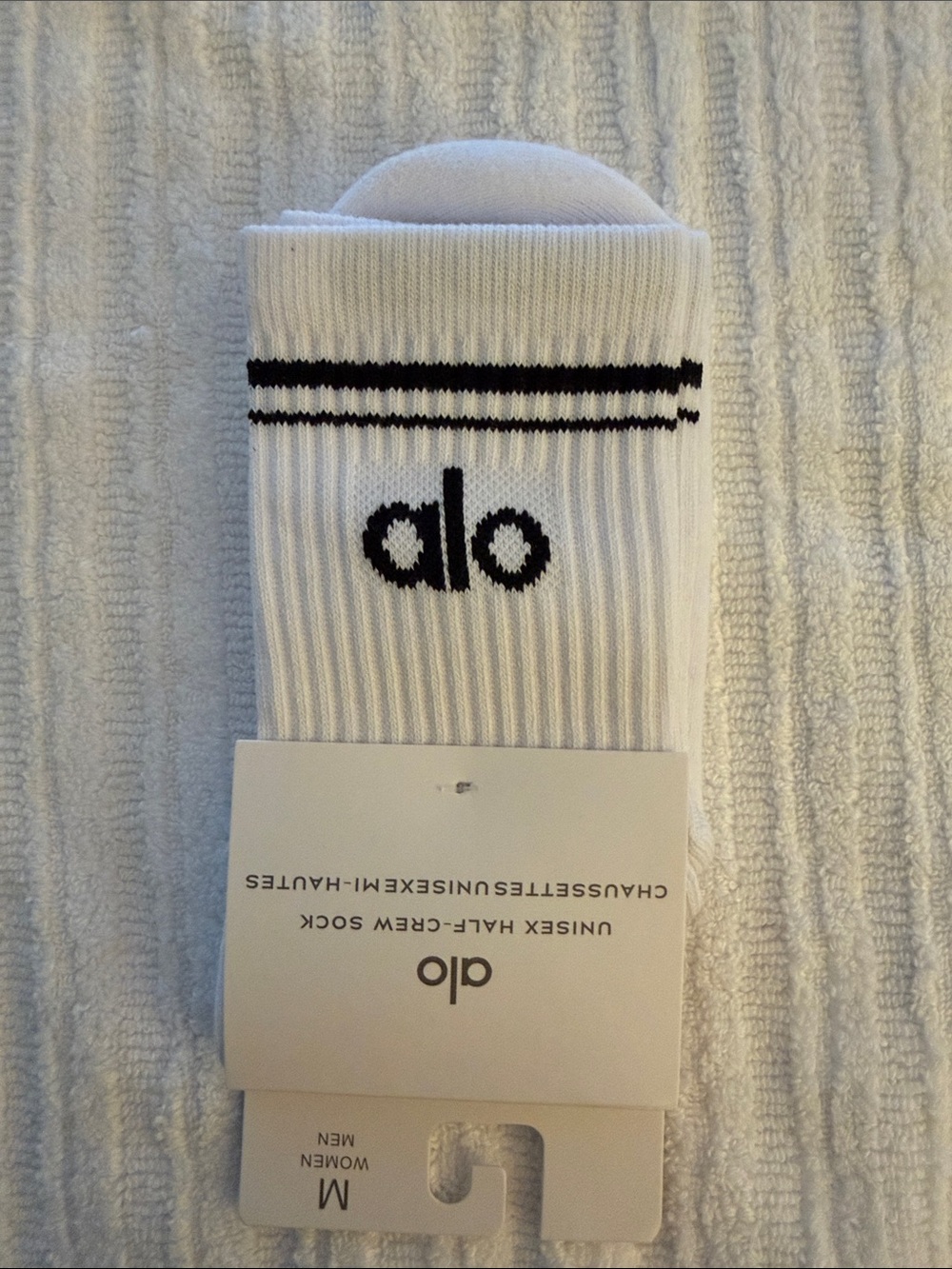 ALO Yoga Men's White Crew Athletic Socks with Black Accent Logo - Size M